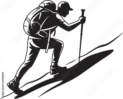 Black and White Silhouette of Hiker Ascending a Slope with Backpack and Trekking Pole