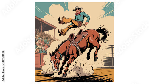 Vintage Rodeo Poster – Cowboy Riding Bucking Bronco in Action


