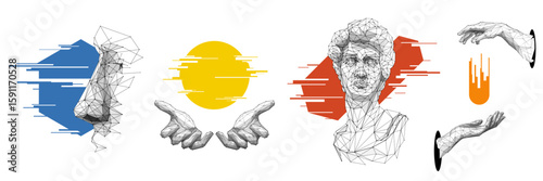 Abstract Tech Y2K Brute Set of Swiss Design Wireframe Elements with Color Shapes, Lines, Particles, and Connected Dots. Great for Stickers and Social Media Contents. Isolated Vector Illustrations.