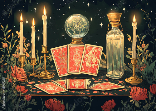 tarot divination altar mystical tarot reading table setup, fortune telling candles and crystal ball, magical tarot divination setup mystical fortune setup magical occult scene