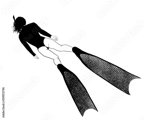 black and white illustration of female skin diver