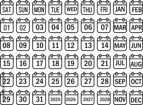 Calendar Icon Set – Date, Week, Month UI Elements for App and Web Design