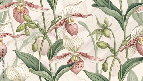 Vector seamless illustration of Lady's Slipper Orchid for printing on fabric or wallpaper.