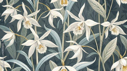 Vector Illustration Seamless Pattern Ghost Orchid Flower For Print On Fabric Or Wallpaper.
