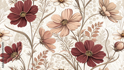 Vector seamless illustration of Choco Late Cosmos flowers for printing on fabric or wallpaper.