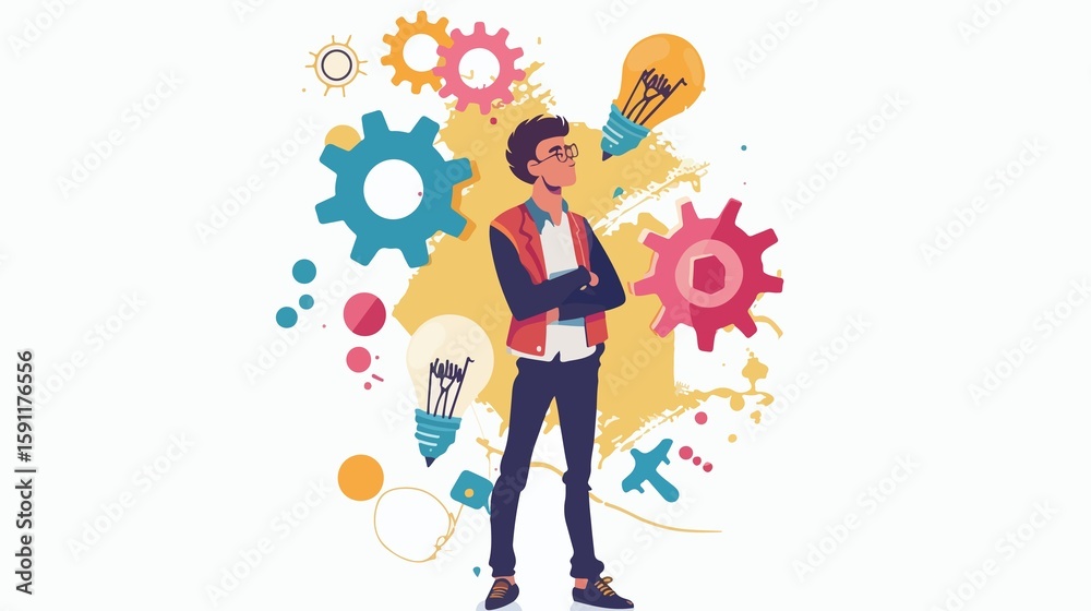 Fototapeta premium Creative thinker presents new ideas surrounded by gears and lightbulbs in an innovative business and educational setting.