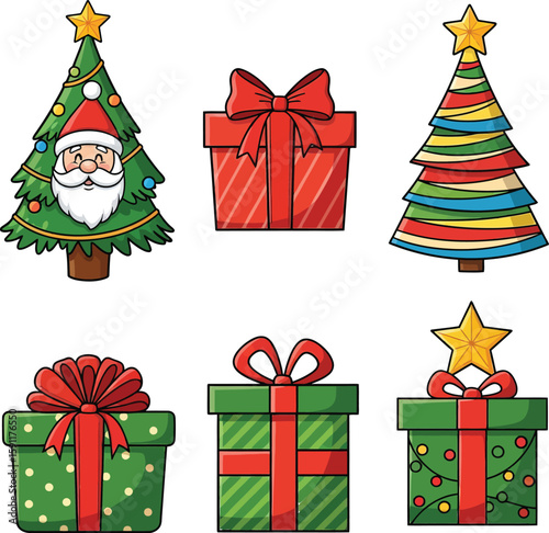 Christmas Trees and Gift Boxes Cartoon Set Vector illustration