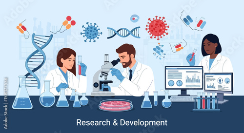 Medical research shows scientists working in a laboratory using microscopes, beakers, DNA models, and computer monitors for analysis and developing healthcare solutions.