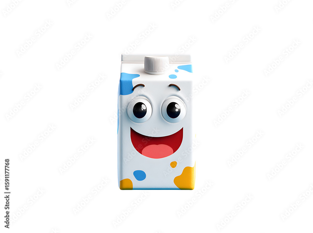 Obraz premium Happy cartoon milk carton smiling big friendly beverage, Isolated On White, Transparent Background, Png