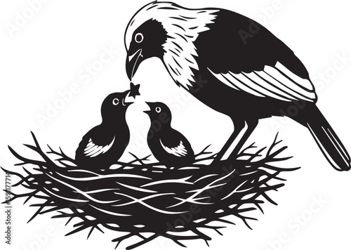 Bird feeding chicks in nest, vector illustration