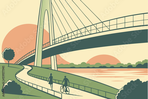 Omaha’s Bob Kerrey Pedestrian Bridge curving elegantly over the Missouri River with people walking and biking at sunset, modern flat illustration style.