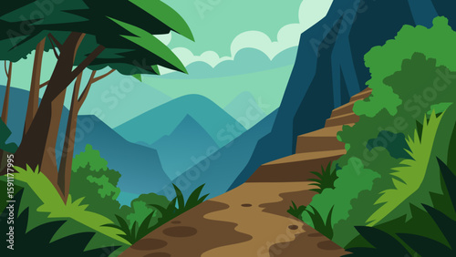 Serene landscape of green mountains and trees under a clear sky, with a hint of sun through the clouds