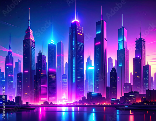 Neon-lit futuristic city skyline reflected in water, vibrant colors.