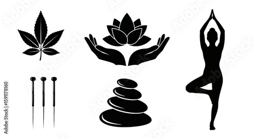 Discover zen in this wellness illustration featuring yoga pose, acupuncture needles, balancing stones, lotus and cannabis leaf emblems.