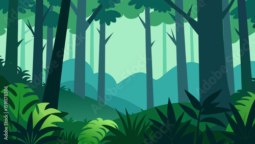 A misty morning sun illuminates the vibrant leaves of a tropical forest, creating a 