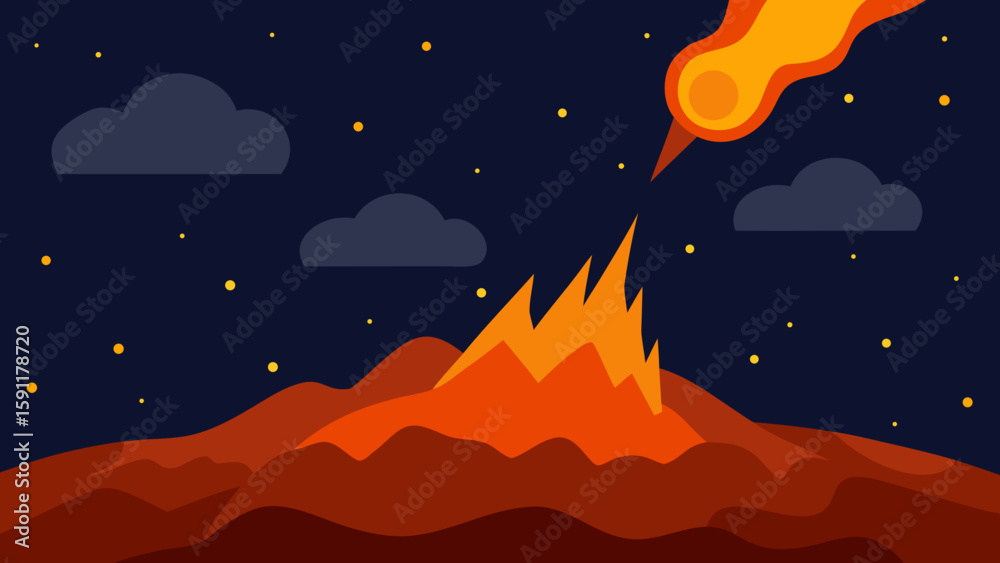 Fototapeta premium Starry night nature landscape with mountain silhouettes under a blue moonlit sky illustration