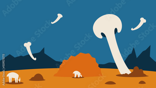 A vibrant vector illustration captures a desert landscape at sunset, featuring animal silhouettes, a lone tree, and birds soaring against the colorful sky