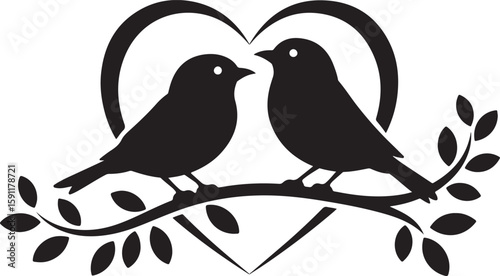 Black Birds on Branch Within Heart Shape Vector Illustration