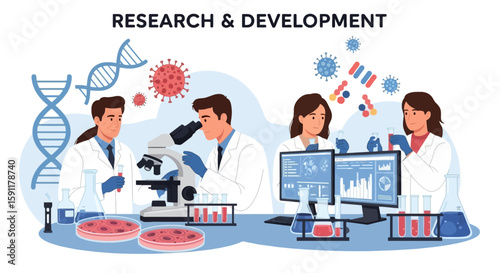 Scientists in a lab conduct research and development, examining samples with a microscope and analyzing data on computer screens, pursuing medical and scientific advancements.
