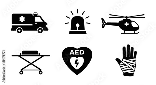First aid emergency vector set showcases ambulance, helicopter, AED, siren, stretcher, and bandaged hand icons for healthcare and medical design projects.