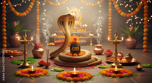 Hindu festival celebration with cobra snake coiled around Shivling decorated with flowers and surrounded by diyas incense copper items and traditional offerings during Nag Panchami puja
