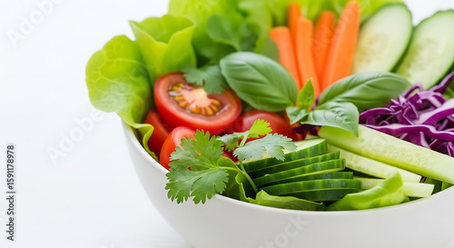 Close up of a white bowl filled with a colorful salad of fresh vegetables and herbs on white surface - ai generated