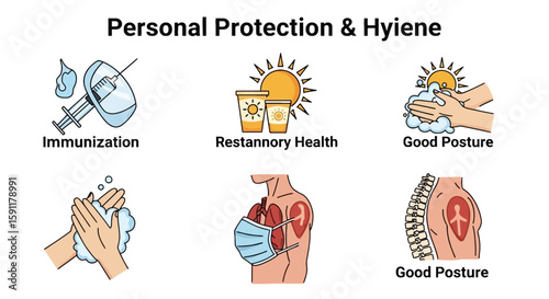 Personal protection and hygiene icons depicting immunization, respiratory health, handwashing, good posture, and overall health care measures in a flat design.