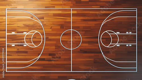 Illustration of a basketball court with real parquet flooring