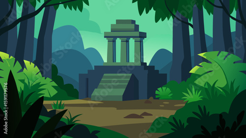 A lush tropical jungle with palm trees frames an ancient European arch and a distant city skyline, blending nature's grandeur with historic architecture