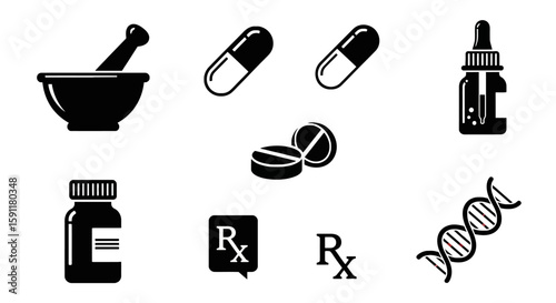 An assortment of black and white pharmaceutical icons offers design elements for healthcare, medicine, and science projects related to prescriptions.