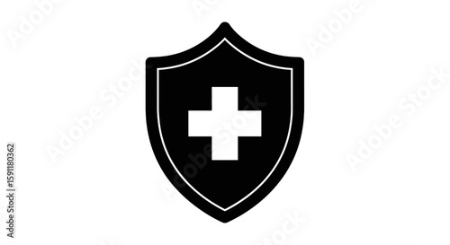 A black medical shield with a white cross symbolizes health protection and safety, ideal for healthcare or security related designs.