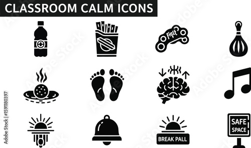 Classroom calm icons featuring a bottle, fries, fidget toy, stress ball, food, feet, brain, music note, sunrise, bell, break pall, and safe space sign, all in a clean, minimalist style.