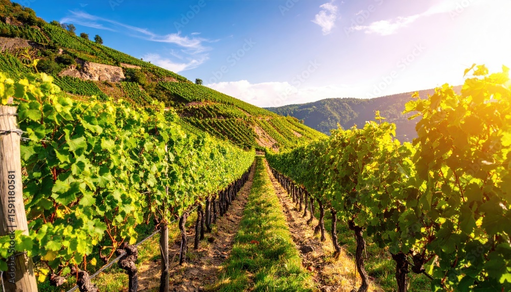Fototapeta premium Lush vineyard rows under a bright sky
