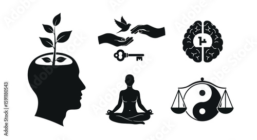 Symbolic vector art representing mindfulness, mental growth, balance, and peace of mind featuring brain, plant, yoga, scales, hands and a dove.