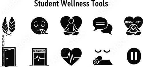 Student wellness tools are represented in this graphic with icons for meditation, counseling, mental health, relaxation, and healthy living, promoting student well-being.