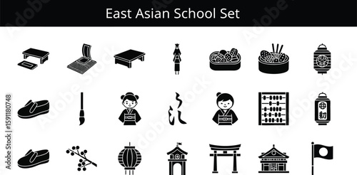 Explore a collection of East Asian school icons in a bold, black silhouette style, featuring traditional elements like tables, calligraphy, lanterns, and figures, perfect for educational designs.
