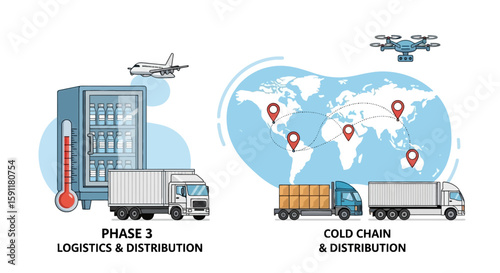Global cold chain logistics showcasing distribution phases with trucks, airplanes, drones, refrigeration, and a world map for efficient delivery.