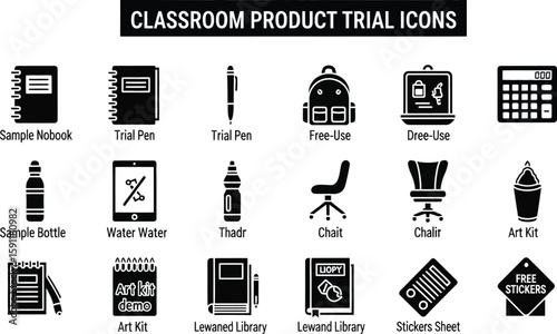 Classroom product trial icons showcase a collection of school supplies and learning tools, including notebooks, pens, water bottles, art kits, and other educational resources in a vector format.