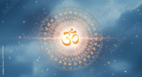Hindu spiritual Om symbol glowing with divine light in the center of Sanskrit alphabet chakra representing cosmic energy meditation power and sacred sound in Indian culture