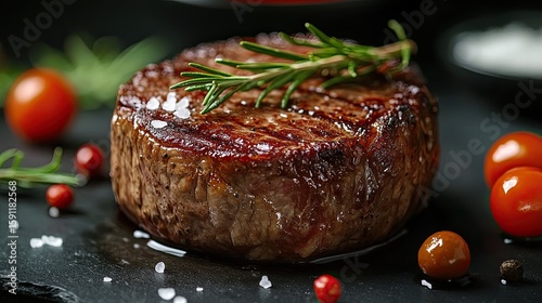 Filet Mignon Perfection Juicy Steak Rosemary Sprig Sea Salt Tomato Garnishes Restaurant Meal Gourmet Delight Delicious