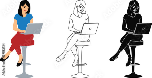 Woman using laptop on stool vector illustration for freelance work remote job and online education concept