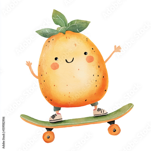 A cute papaya skateboarding downhill