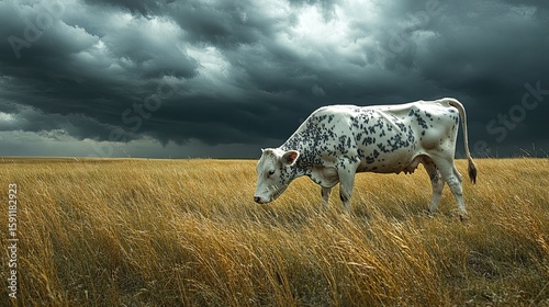 White Spotted Cow Grazing Golden Field Under Dramatic Cloudy Sky Agriculture Nature Rural Countryside Landscape Farm