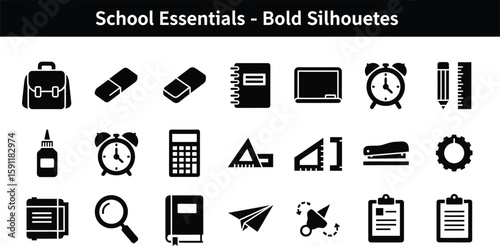 Black silhouette icons showcase essential school supplies, including a backpack, eraser, notebook, blackboard, clock, ruler, glue, calculator, and paper airplane, perfect for education designs.