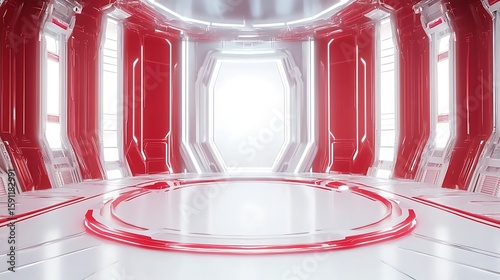 Futuristic, red and white interior space