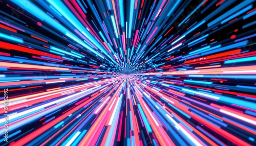an artistic abstract design resembling a cosmic vortex, with vibrant hues of blue, red, and pink swirling inward from all directions