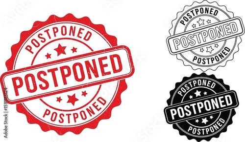 Postponed stamp vector set, red black outline rubber stamp effect, event cancellation message design