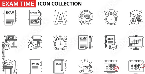 Exam time icon collection features study, grade, and learning symbols, perfect for educational content, school projects, and academic designs, conveying knowledge and achievement.