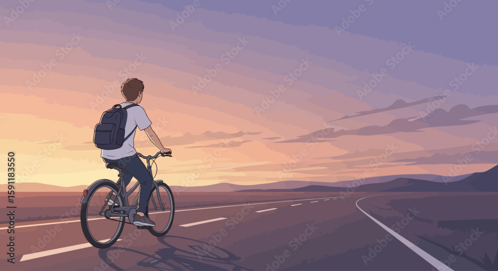 Fototapeta premium A young person rides a bicycle on a long, empty road towards the sunset.