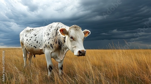 Serene white cow freckles stands field grass under stormy sky natural light Beautiful farm animal agricultural rural